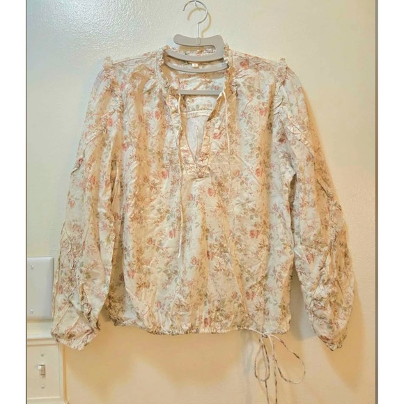 American Eagle Tops - AE77 American Eagle Peasant Blouse Womens XS Cream Pink Organic Cotton Ruffle